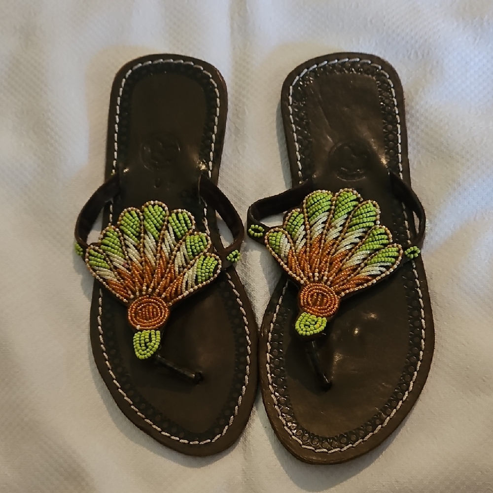 Handcrafted Beaded Sandals - Brown and Green Sz 40